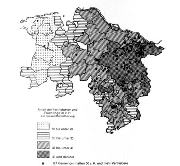 Karte, die den Anteil der Vertriebenen in von Hundert der Gesamtbevölkerung zeigt